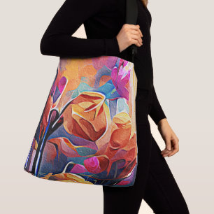 Abstrakte florale Kunst Orange Red Blue Blumen Tragetaschen Mit Langen Trägern
