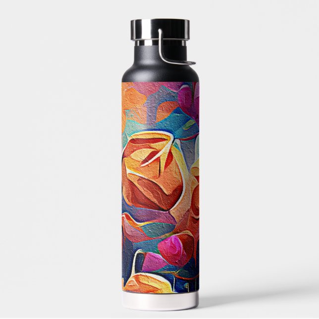 Abstrakte florale Kunst Orange Red Blue Blumen Trinkflasche (Links)