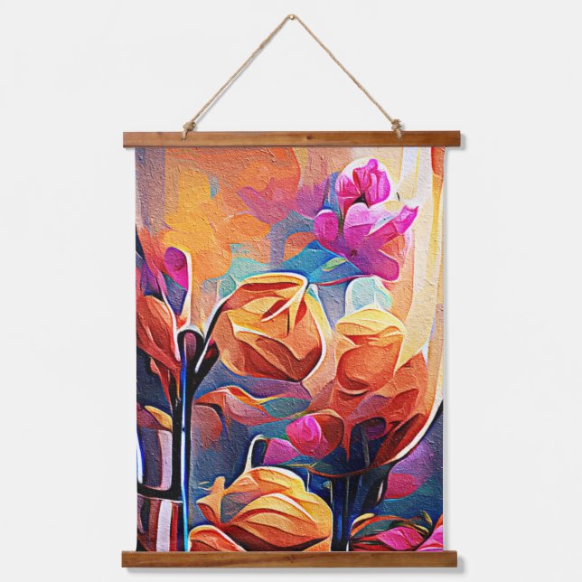 Abstrakte florale Kunst Orange Red Blue Blumen Wandteppich Mit Holzrahmen (Vorderseite)