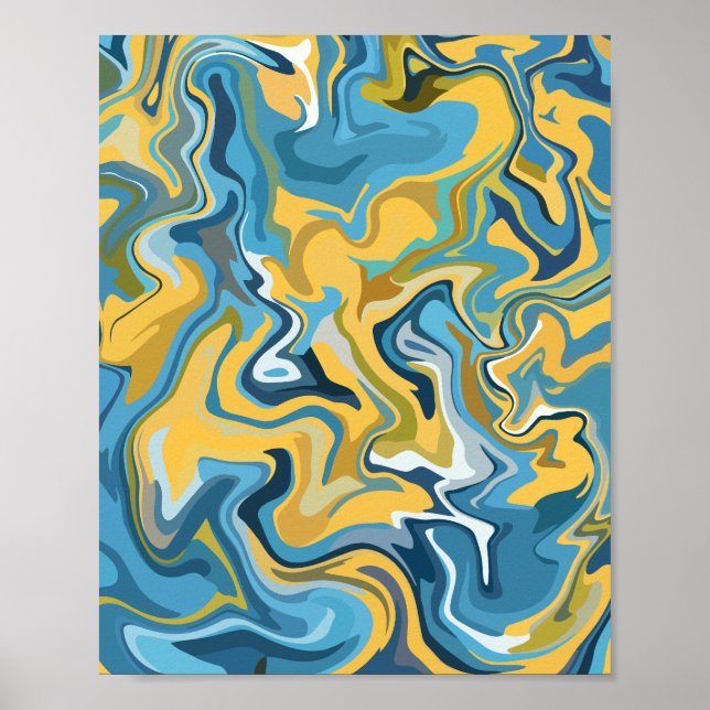 Abstrakte Fluid Art mit blauen und gelben Wirbel Poster (Vorne)