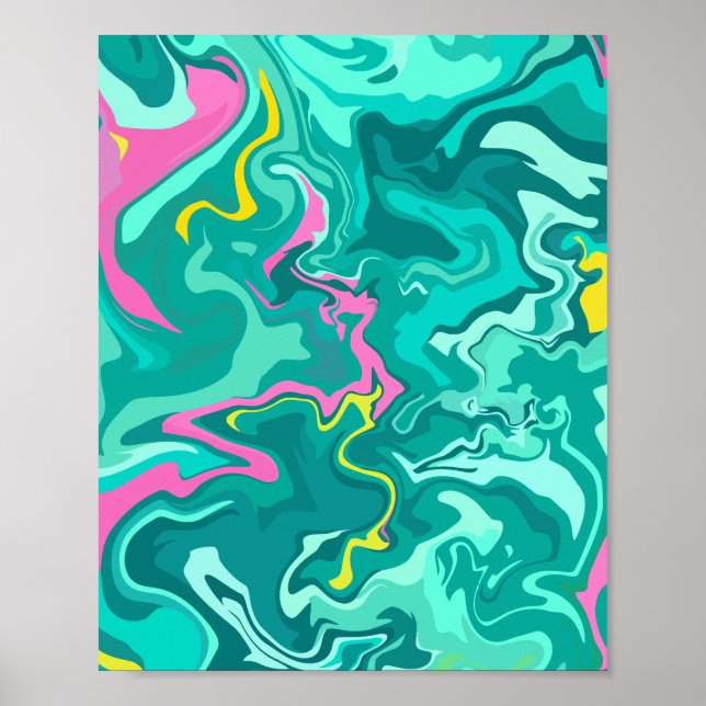 Abstrakte Fluid-Kunst mit Grün, Rosa und Gelb Poster (Vorne)