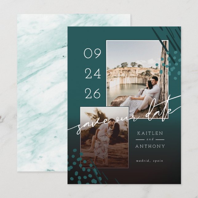 Abstrakte Formen Aquamariner grüner Marmorrücken u Save The Date (Vorne/Hinten)