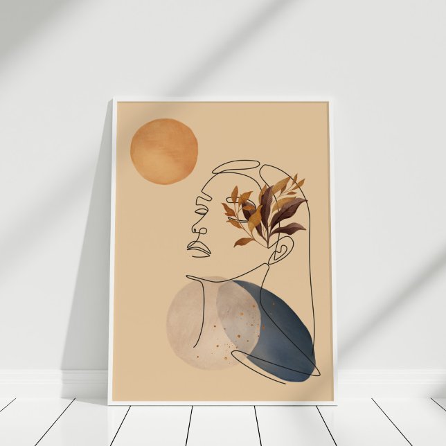 Abstrakte Formen und Liniengrafik Poster (Abstract Shapes and Line Art Face Poster in a white frame.)