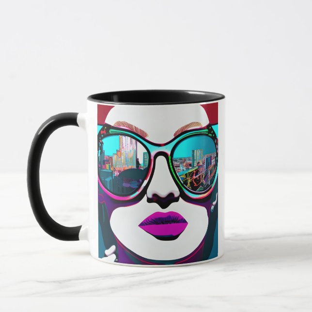 Abstrakte Frau in Sonnenbrille Reflektion Stadt Tasse (Links)