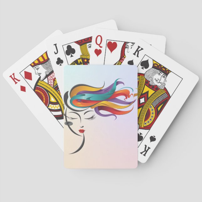 Abstrakte Frau mit farbenfroher Fliegenwelt Kunst Spielkarten (Rückseite)