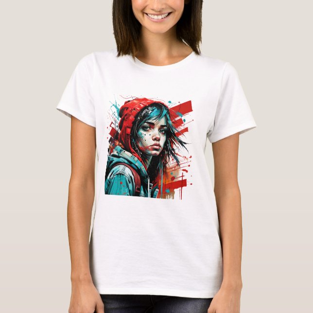 Abstrakte Frau Portrait Splash Graffiti Red Blue T-Shirt (Vorderseite)