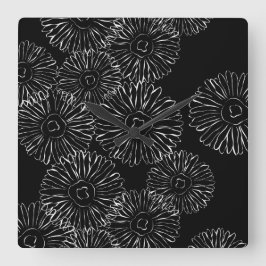 Abstrakte Frühlingsblumen in Schwarz-Weiß Quadratische Wanduhr