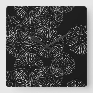 Abstrakte Frühlingsblumen in Schwarz-Weiß Quadratische Wanduhr