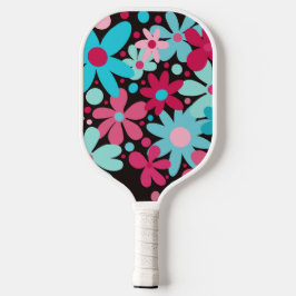 Abstrakte, funky rosa und blaue Blumen Pickleball Schläger