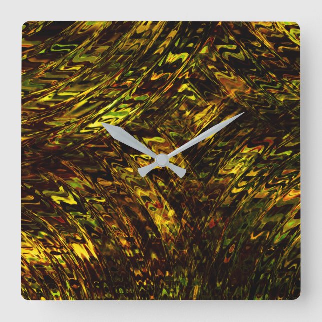 Abstrakte gekrümmte Bänder in goldgrün und dunkels Quadratische Wanduhr (Vorderseite)