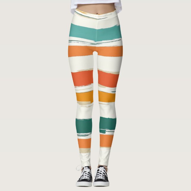 Abstrakte gemalte horizontale Pinselstreifen Boho Leggings (Vorderseite)