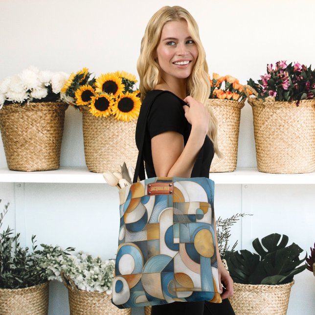 Abstrakte Geometrie des Blauen Goldes (Abstract art design tote bag, with name tag area, in-situ.)