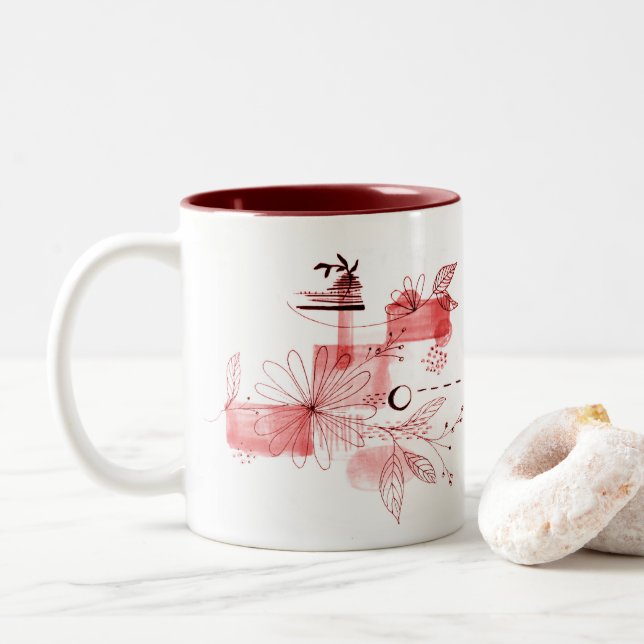 Abstrakte geometrische Blume Blätter Black Burgund Zweifarbige Tasse (Mit Donut)