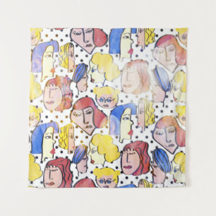 Abstrakte Gesichter, Aquarellpolka-Punkte. Wandteppich