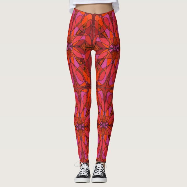 Abstrakte Gestaltung in weiß, rot, rosa und orange Leggings (Vorderseite)