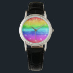 Abstrakte gestrichene Streifen Regenbogen Armbanduhr<br><div class="desc">Abstrakte Aquarellfarben Pinselstriche Regenbogen Aquarell bunt , Typografie mädchenhaft, lila rosa Glitzer Kunst, monogramm moderne Name stylisch, mutig lustig künstlerisch, Ausdruck Sommerruhe grün, zeichne blaue Liebe, Freiheit Farbspektrum Farbe, Gay Flag Pinsel kreativ, Wasserfarbe Regenbogen farbig , </div>