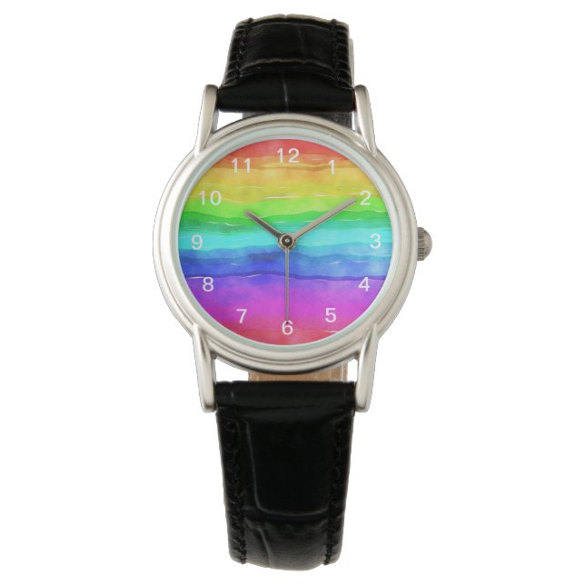 Abstrakte gestrichene Streifen Regenbogen Armbanduhr (Vorderseite)