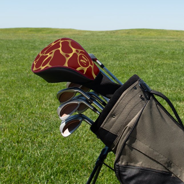 Abstrakte Giraffenmuster in Gold und Rot Golf Headcover (In SItu)