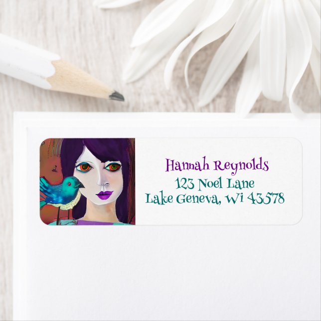 Abstrakte Girl and Bird Lila und Aquamarin (Insitu)