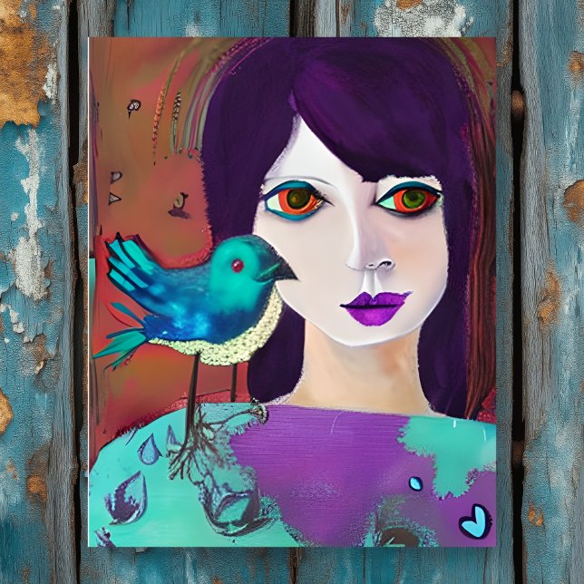Abstrakte Girl and Bird Lila und Aquamarin Poster (Von Creator hochgeladen)