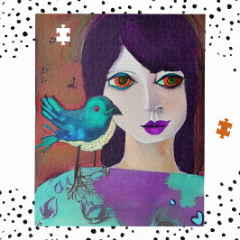 Abstrakte Girl and Bird Lila und Aquamarin Puzzle