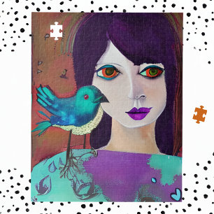 Abstrakte Girl and Bird Lila und Aquamarin Puzzle