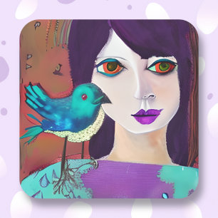 Abstrakte Girl and Bird Lila und Aquamarin Quadratischer Aufkleber