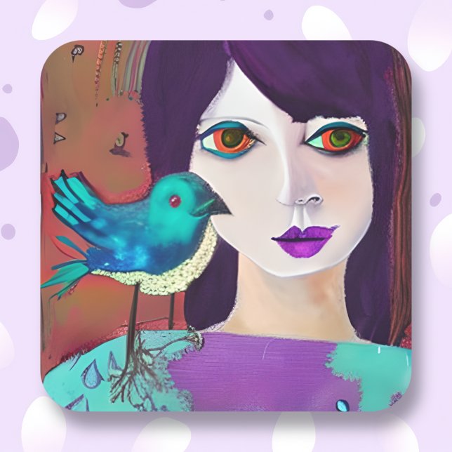 Abstrakte Girl and Bird Lila und Aquamarin Quadratischer Aufkleber (Von Creator hochgeladen)