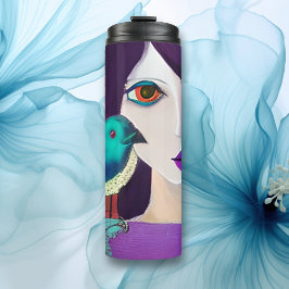 Abstrakte Girl and Bird Lila und Aquamarin Thermosbecher