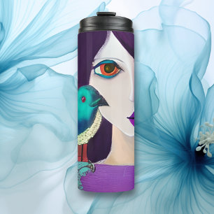 Abstrakte Girl and Bird Lila und Aquamarin Thermosbecher