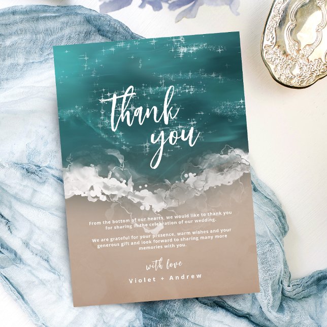 Abstrakte, glitzernde Hochzeit am Ozean Dankeskarte (Abstract sparkling moody ocean beach wedding thank you card)