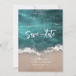 Abstrakte, glitzernde Hochzeit am Ozean Save The Date