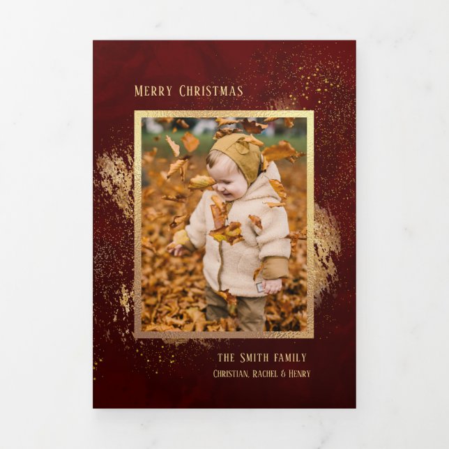 Abstrakte Gold-Glitzern auf Deep Red Foto Dreifach Gefaltete Karte (Cover)