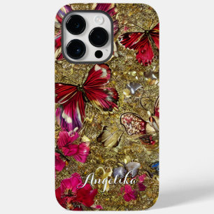 Abstrakte Gold- und rote Blumen Schmetterlinge Case-Mate iPhone 14 Pro Max Hülle