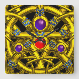 ABSTRAKTE GOLD-ZELLTIKKNOTEN MIT FARBEN GEMSTONS QUADRATISCHE WANDUHR