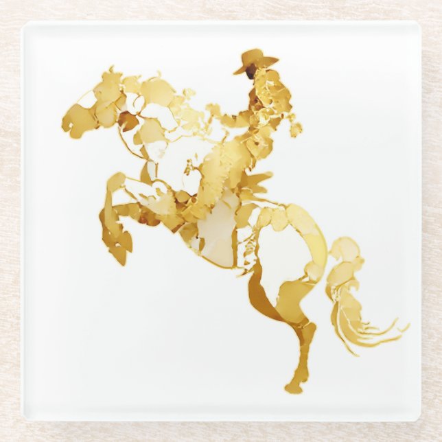 Abstrakte goldene Pferd und Reiter Glasuntersetzer (Vorderseite)