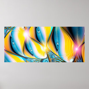 Abstrakte, goldgelbe und blaue, moderne Lichtkugel Poster