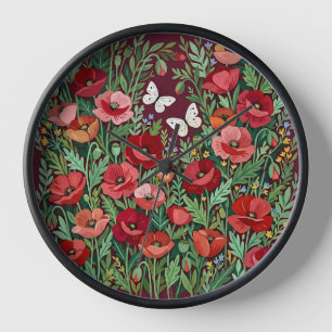 Abstrakte Gouache-Mohn-Schmetterlinge-Kunst-Uhren Uhr