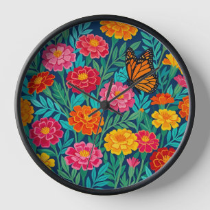 Abstrakte Gouache-Ringelblumen-Schmetterling-Kunst Uhr