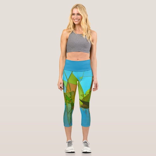 Abstrakte Gräser Türkis Capri Leggings (Vorderseite)