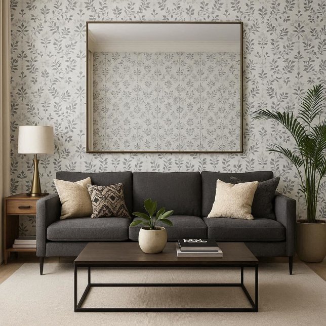 Abstrakte graue Blätter auf Weiß Tapete (Traditional living room with large mirror and gray leaf print wallpaper )