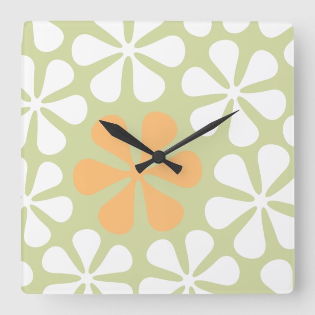 Abstrakte große Blume Weiß und Orange auf Limon Quadratische Wanduhr (Vorderseite)