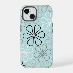 Abstrakte große Blumenumrisse BWG + Enteneiblau iPhone 15 Hülle