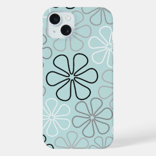 Abstrakte große Blumenumrisse BWG + Enteneiblau iPhone 15 Plus Hülle