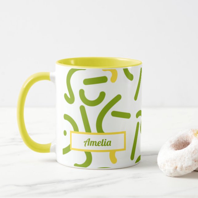 Abstrakte grüne gelbe Linien  Tasse (Mit Donut)