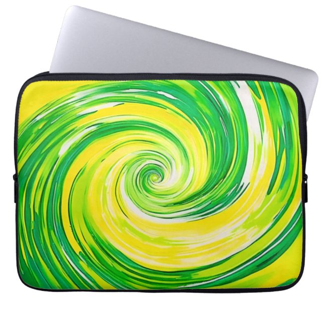 Abstrakte grüne gelbe Spiral Kunst Laptopschutzhülle (Vorderseite)