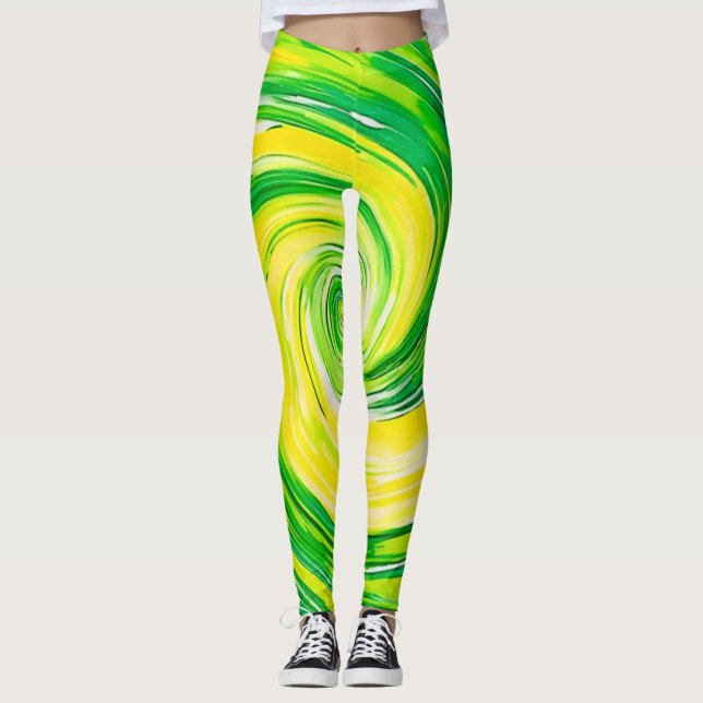 Abstrakte grüne gelbe Spiralkunst Leggings (Vorderseite)