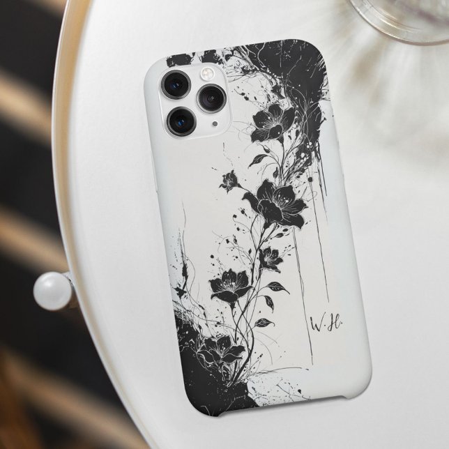 Abstrakte Grunge Blume Schwarz-weiß Monogramm Case-Mate iPhone Hülle (Von Creator hochgeladen)