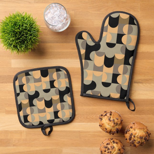 Abstrakte Halbkreise Mod Op Fusion Art Muster Ofenhandschuh & Topflappen-Set (Oben Unten)