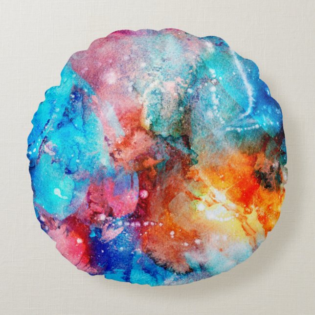 Abstrakte handgefertigte Textur. blau und oran Rundes Kissen (Vorderseite)